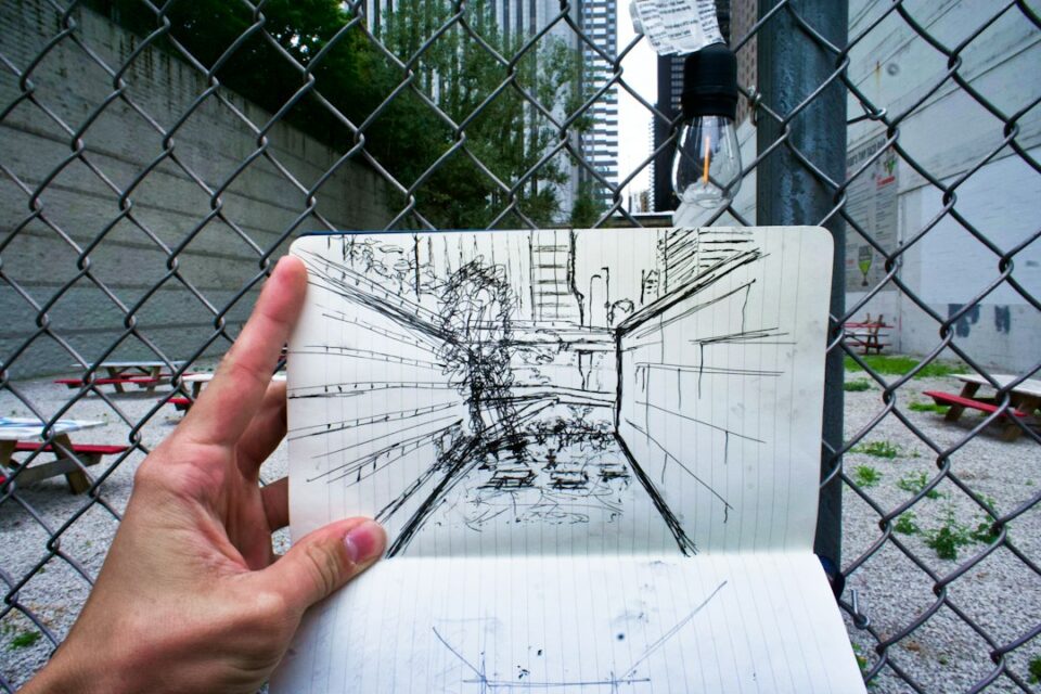 Sketch cover of trucks, a substation, a site map, and KPIs illustrating industrial site selection